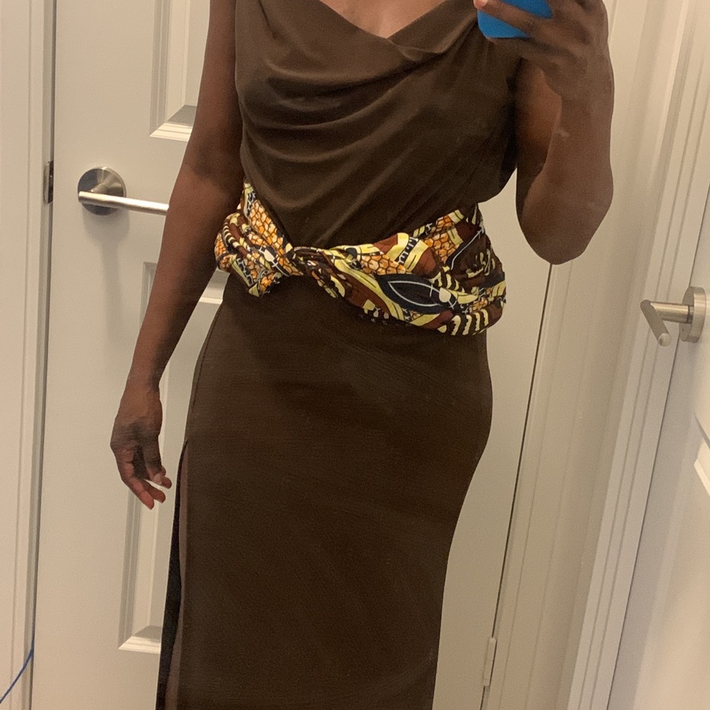 Long brown chocolate dress high slit.